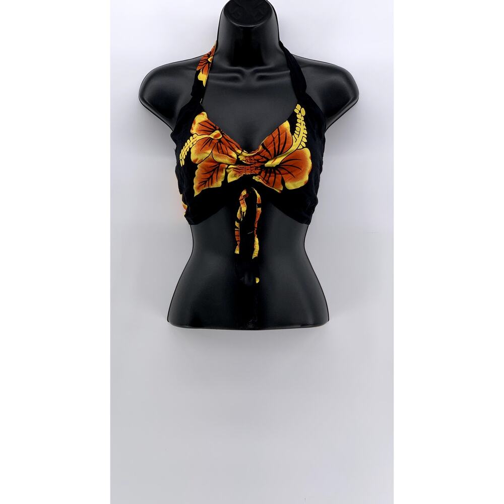 FAVANT HAWAII Women's Black-Orange Floral V-Neck Tie-Back Crop Top SZ OS